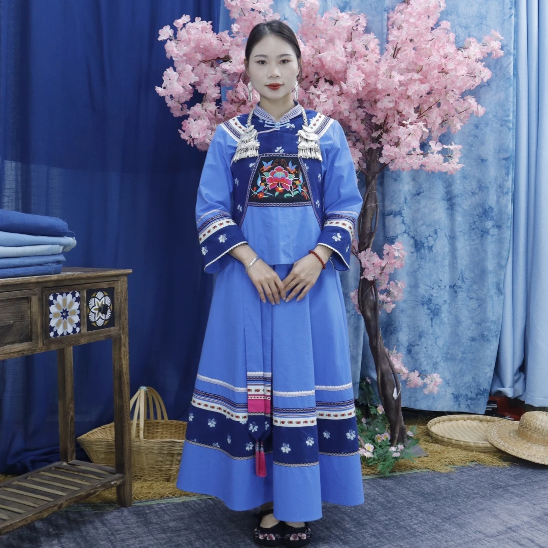 秋冬新款布依族服饰传统土布蓝色扎染摆裙民族风壮族生活装女装
