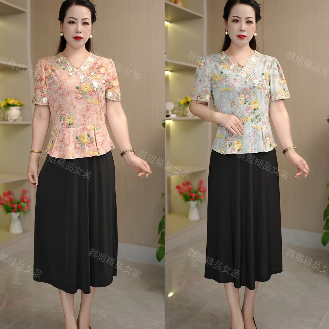 1058#妈妈新中式复古国风夏季显瘦裙子中老年女洋气中长款连衣裙