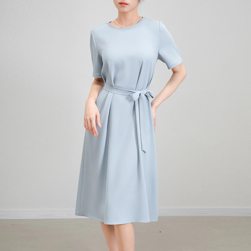25107 亲肤连衣裙修身显瘦时尚设计感圆领一步裙子收腰带气质蓝色