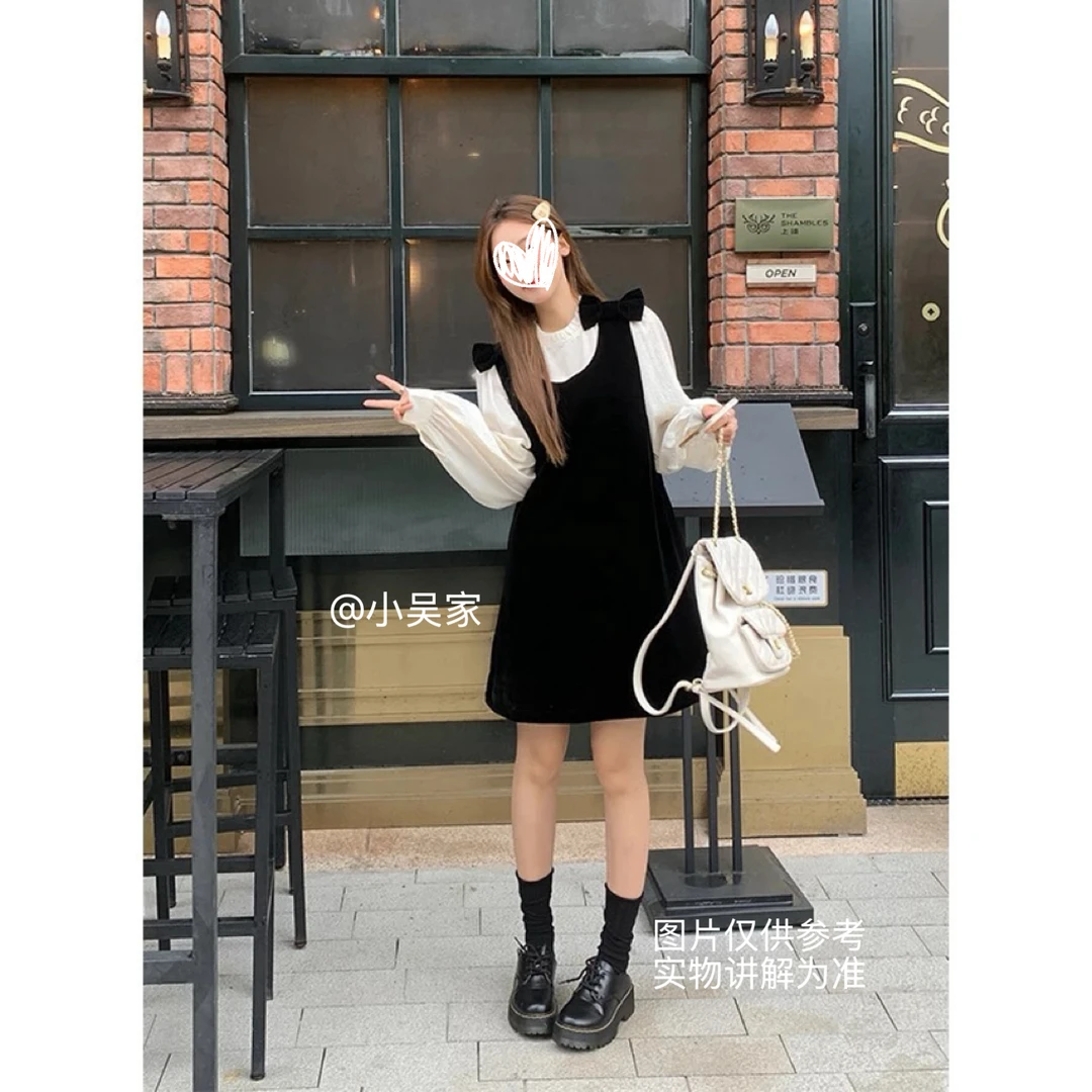 「小吴家」法式蝴蝶结丝绒连衣裙秋季胖MM遮肚子显瘦衬衫裙子两件套