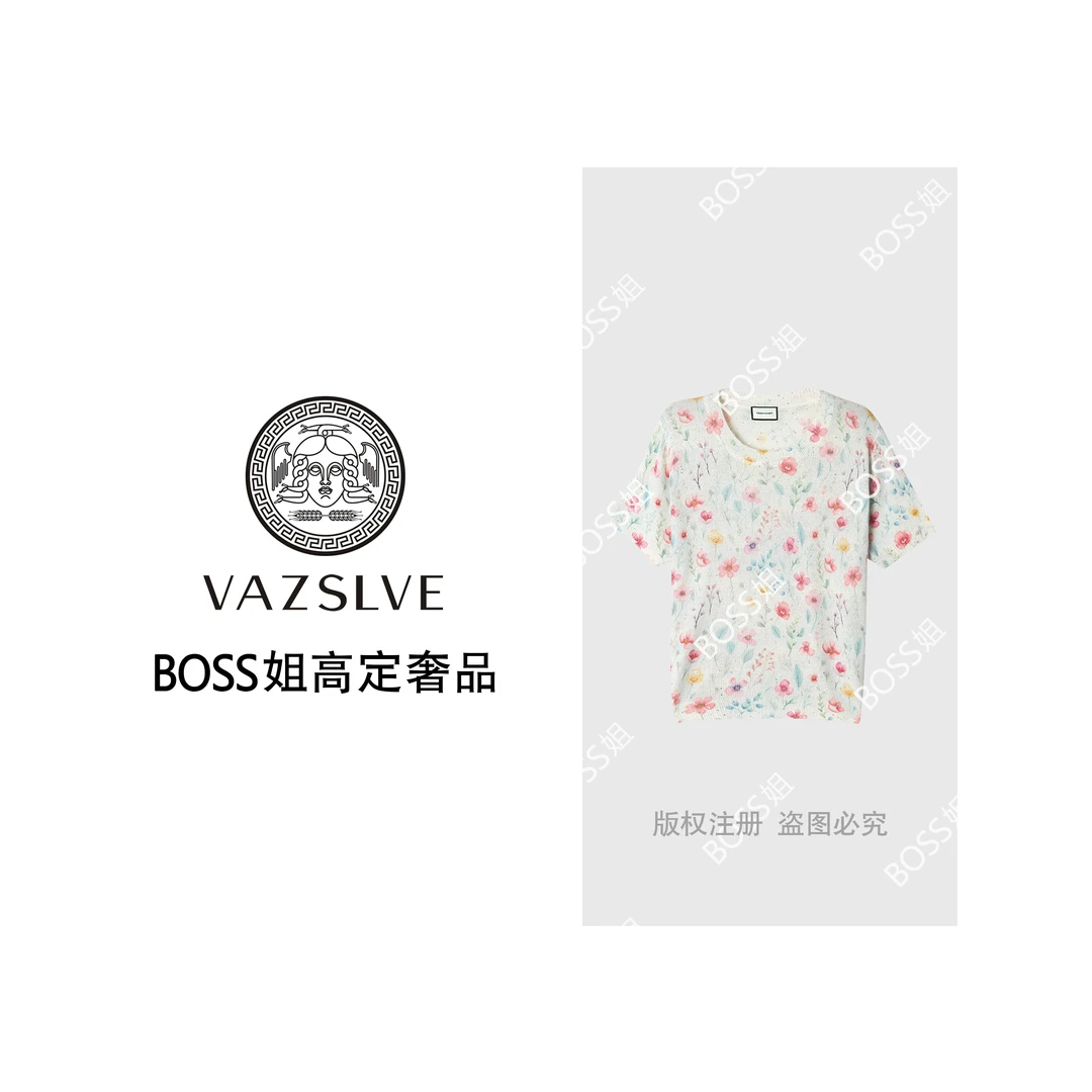 【VAZSLVE/原创设计】轻奢重工短袖亮片小碎花印染针织毛衣套头