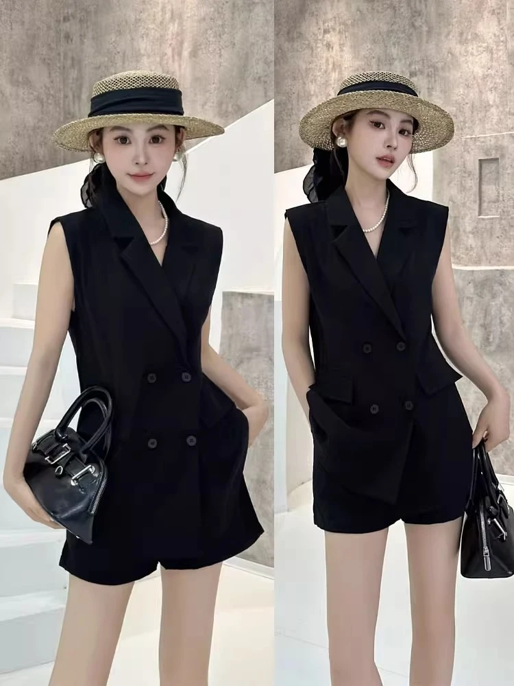 时尚套装女2025夏新款高级感蕾丝拼接无袖西装马甲高腰短裤两件套