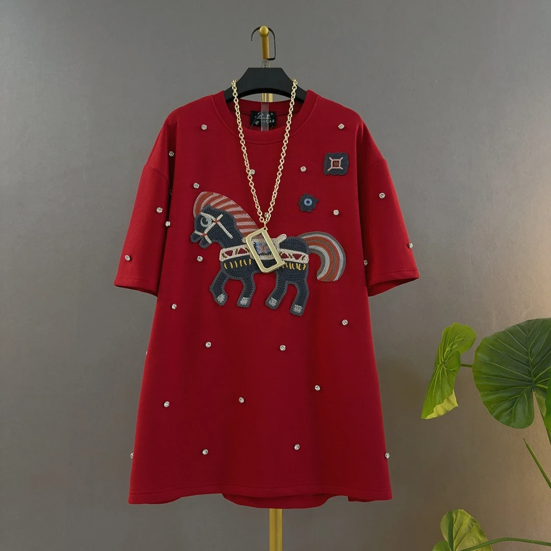 贴布短袖圆领宽松型大码T恤刺绣/绣花卡通动漫马上有钱时尚遮肚子