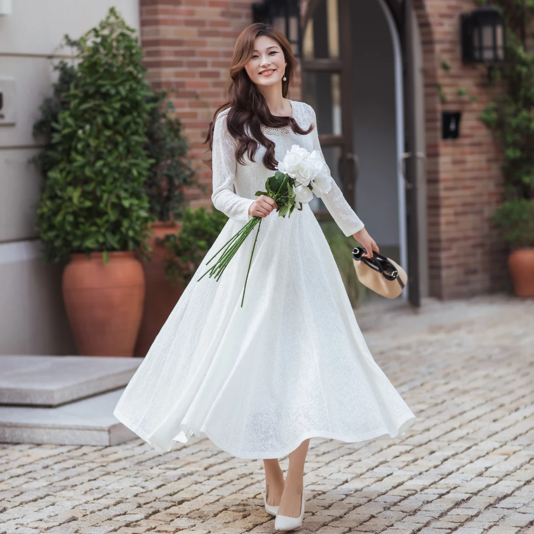 生活在左【配可拆卸仿珍珠领】法式蕾丝花边毛衣针织连衣裙N1961290