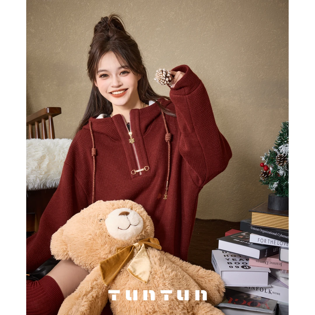 吞吞TUNT【片片雪】漂亮小红帽 精致华夫格连帽卫衣4