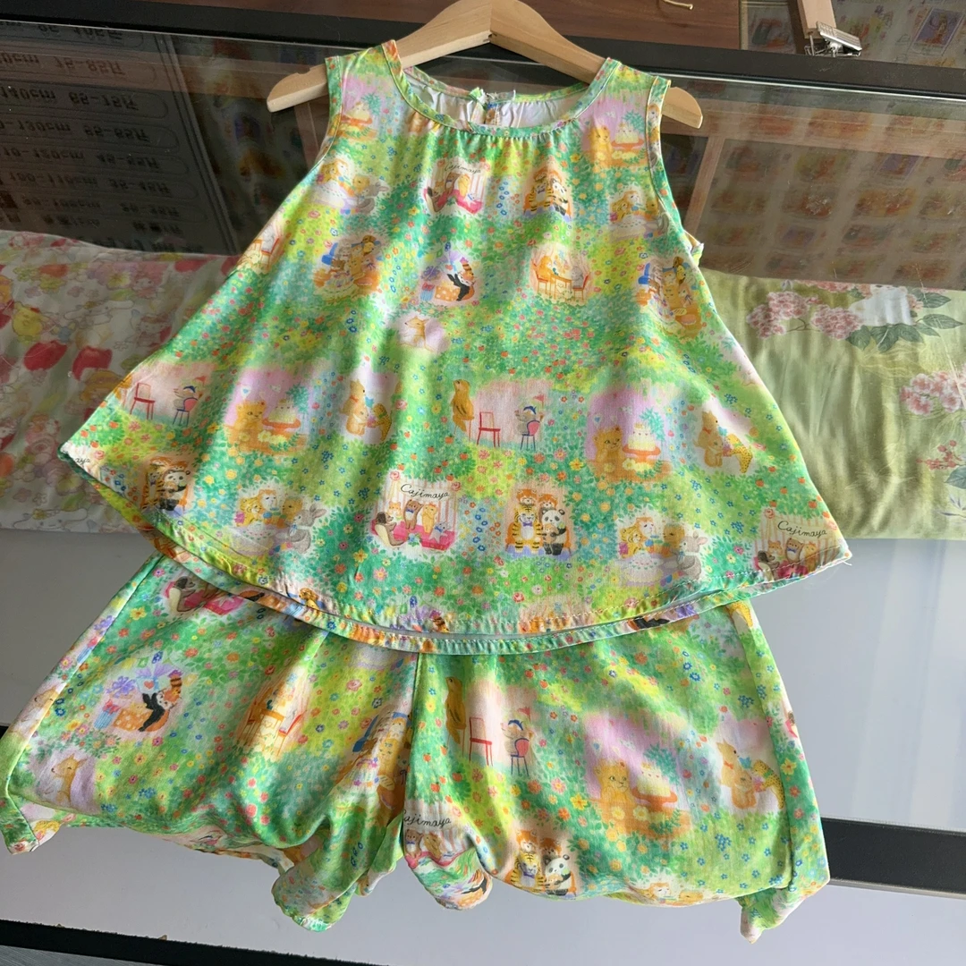 森林舞会背心套装2025夏季国风女童长款印新中式套装