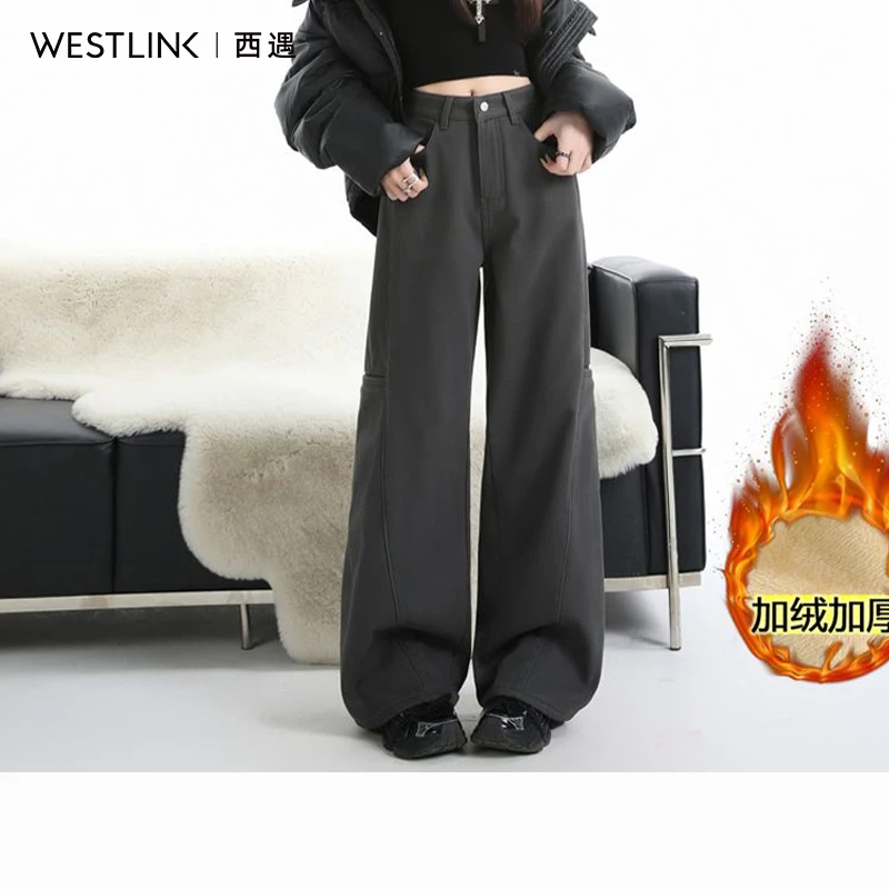 西遇灰色加绒工装裤女2025年冬季新款高腰宽松垂感直筒加绒裤子