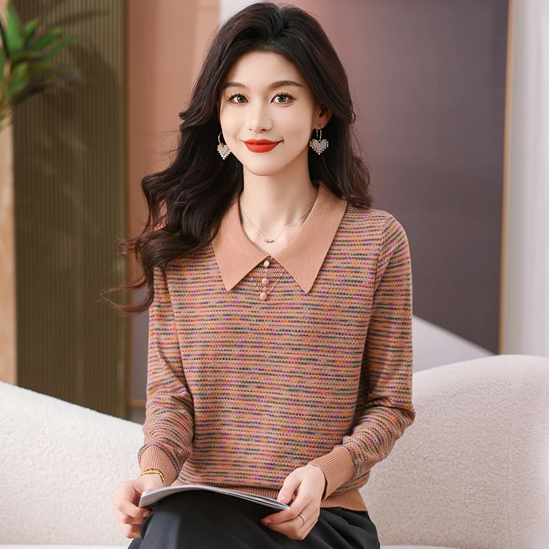 彩纱设计感娃娃领爆款针织衫2025春秋新款长袖薄显瘦洋气套头小衫