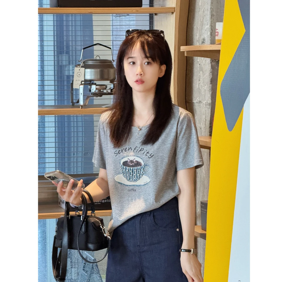 Y.M |  咖啡猫 韩版精致减龄印花短袖T恤1385