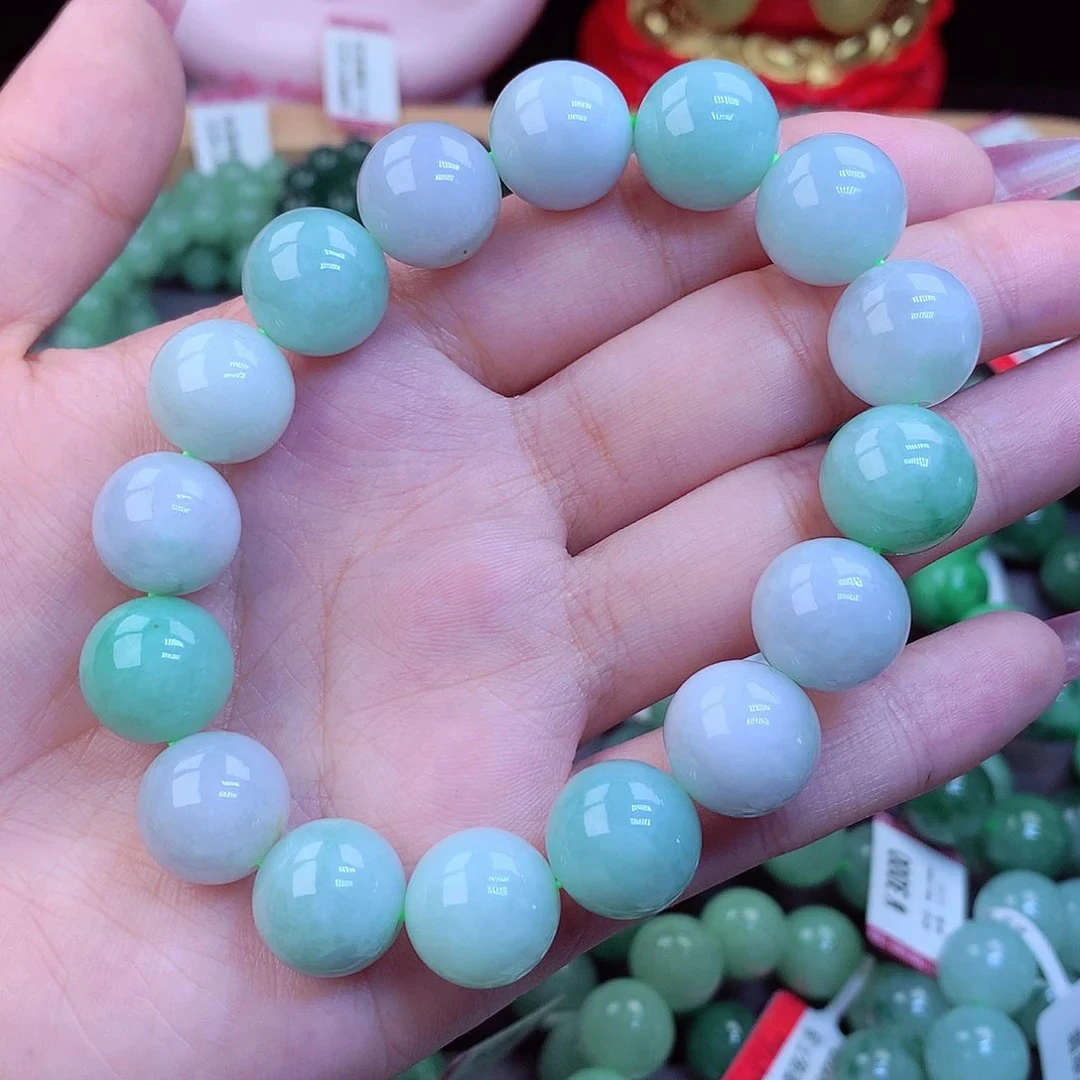 正品天然缅甸A货翡翠 老坑素款时尚珠珠渐变老型单圈玉手串 卡13+