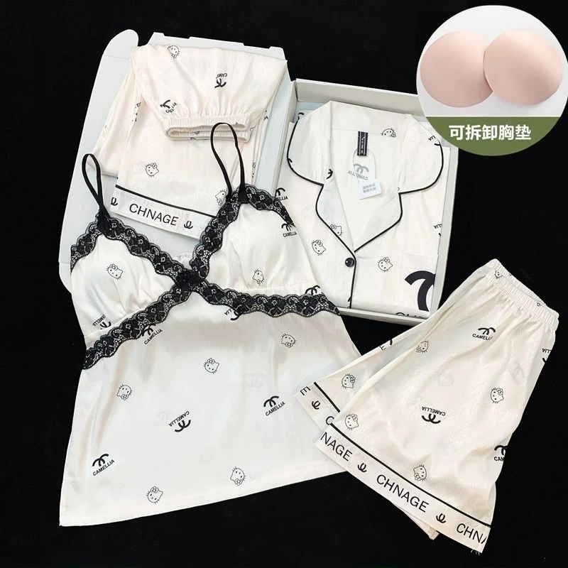 【四件套】冰丝睡衣女夏季夏天带胸垫高级国风轻奢吊带新款家居服