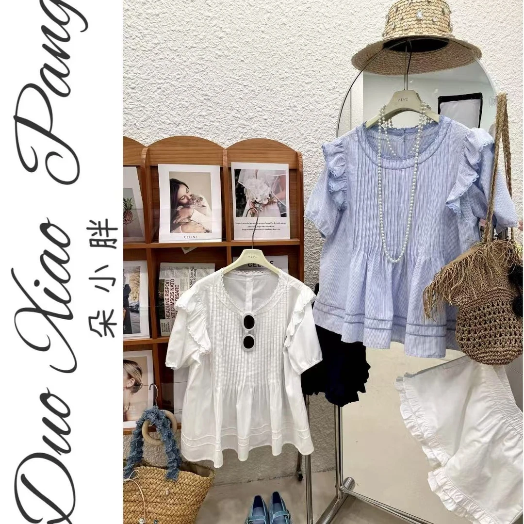 夏季新款文艺打褶重工小飞袖衬衫上衣女修身高级