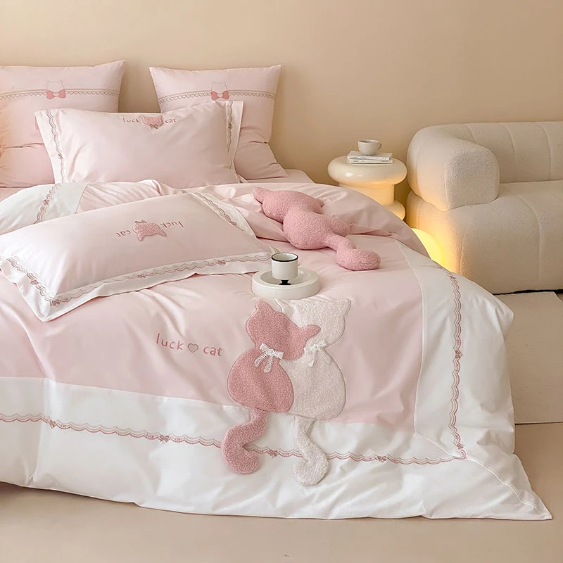 幸运猫 100支长绒棉高端四件套 少女心网红纯棉被套床上用品套件