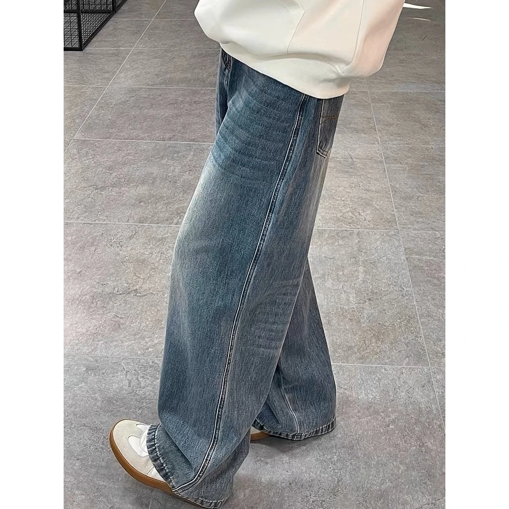 美式牛仔裤阔腿宽松男秋冬款高街复古水洗直筒裤男生松弛感拖地裤