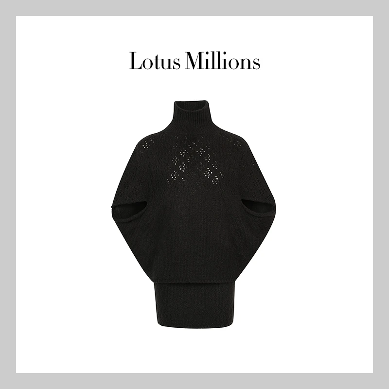 莲的百万【伊人大姐姐】2024年新款黑色钩花毛衣套装半高领两件套