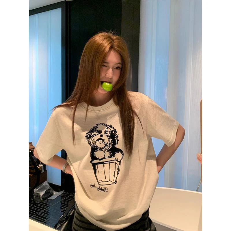 白色印花短袖T恤女装2025新款夏日ootd穿搭时尚宽松正肩体恤上衣