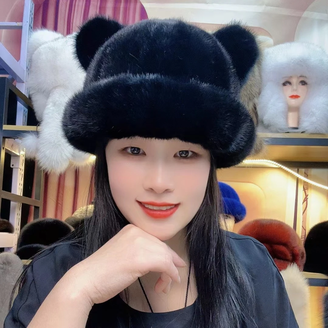 水貂毛小礼帽男女同款秋冬季保暖盆帽款米奇耳朵皮草帽子新款