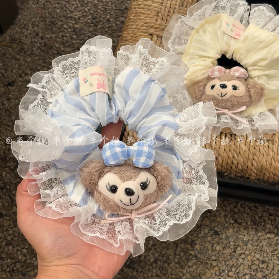 达菲熊新款甜美蕾丝格子大肠发圈感扎马尾丸子头发绳百搭发饰