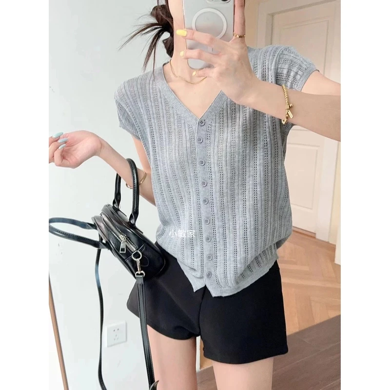 法式镂空V领夏季宽松短袖时尚毛针织衫洋气百搭针织衫设计感小众