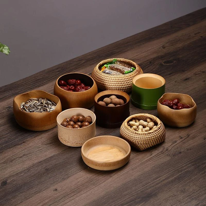 竹制点心盒茶点盘家用干果瓜子盘创意零食盘藤编客厅中式茶道水果