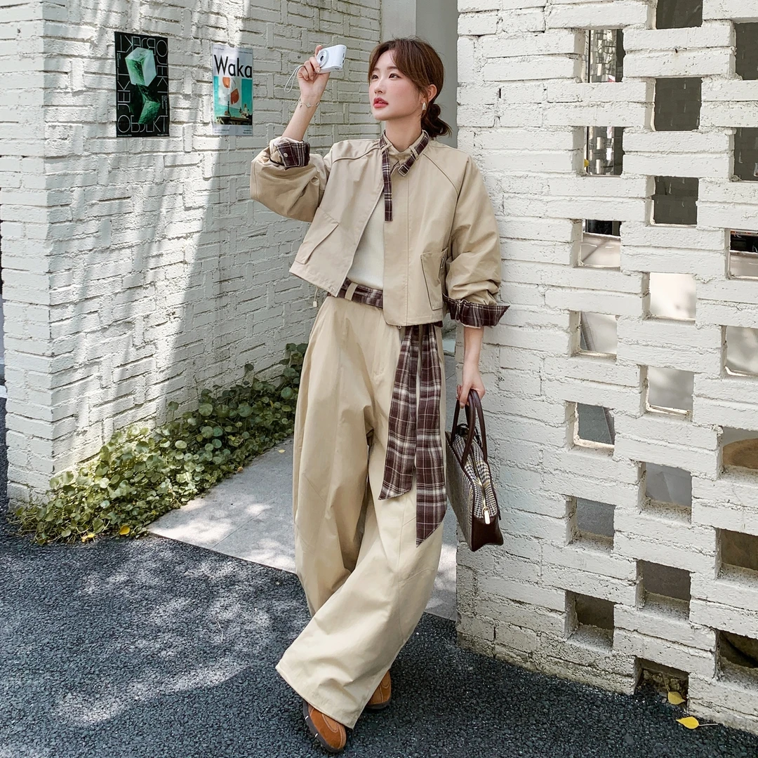 卡其色格子拼接工装夹克外套阔腿裤套装两件套女2025秋季酷飒风