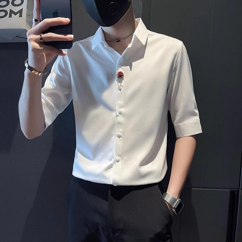 2025高级感衬衫男短袖夏季新款潮牌休闲痞帅衬衫男装中袖修身寸衫