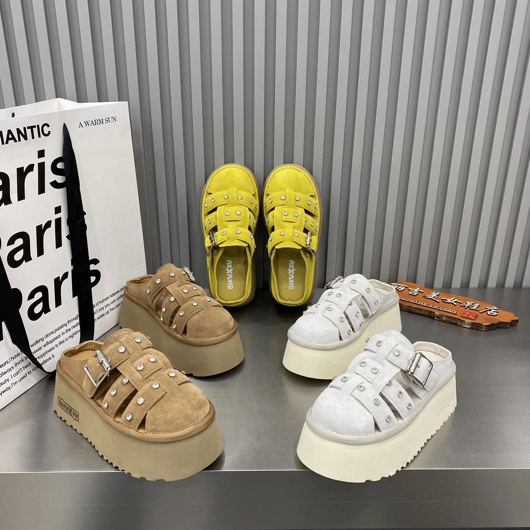 2025夏季新款真皮柳钉水钻编织包头半拖勃肯鞋小个子增高女鞋拖潮