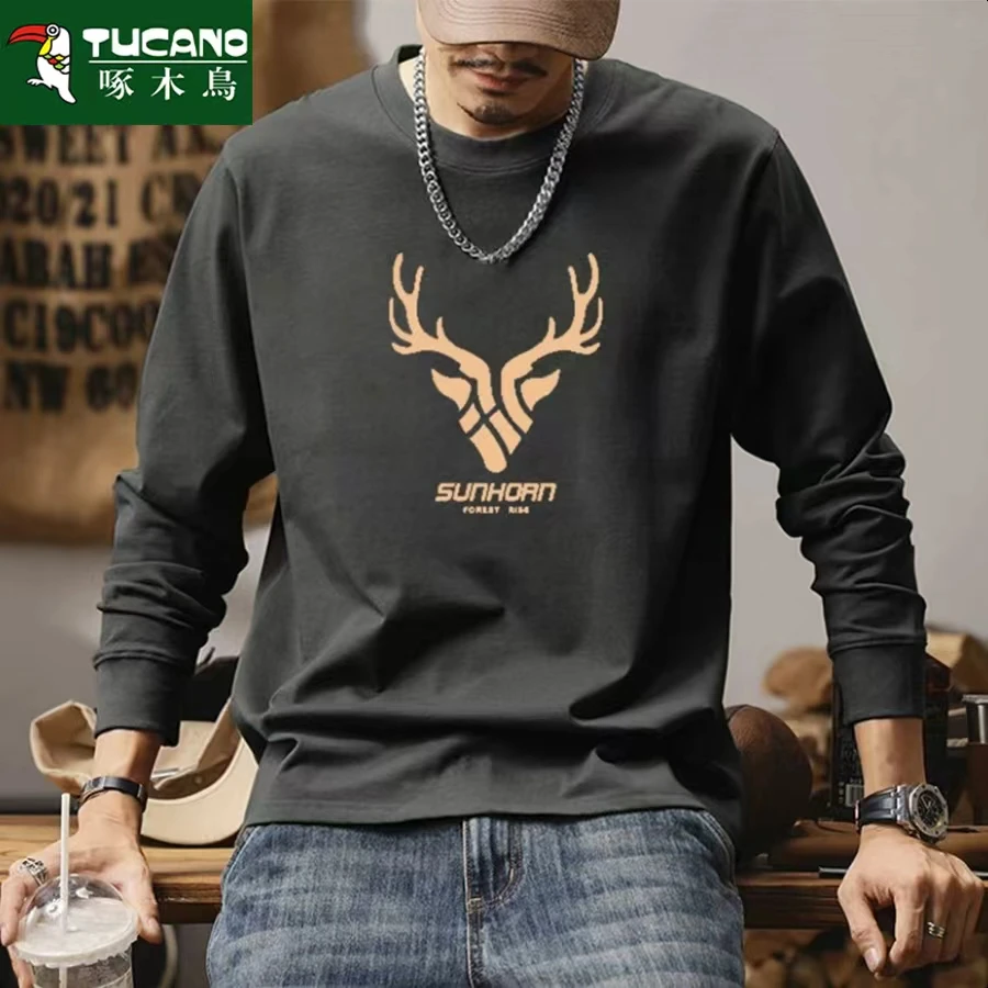 啄木鸟春秋季长袖T恤圆领宽松型通用韩版百搭国风常规款ins风长袖