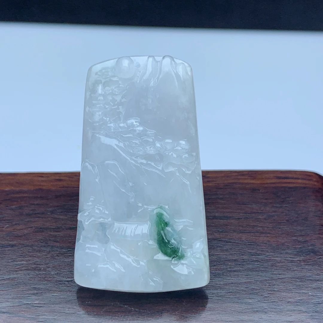 纯天然翡翠A货保真玉石雕刻糯冰种飘花女款山水牌吊坠挂件冰透