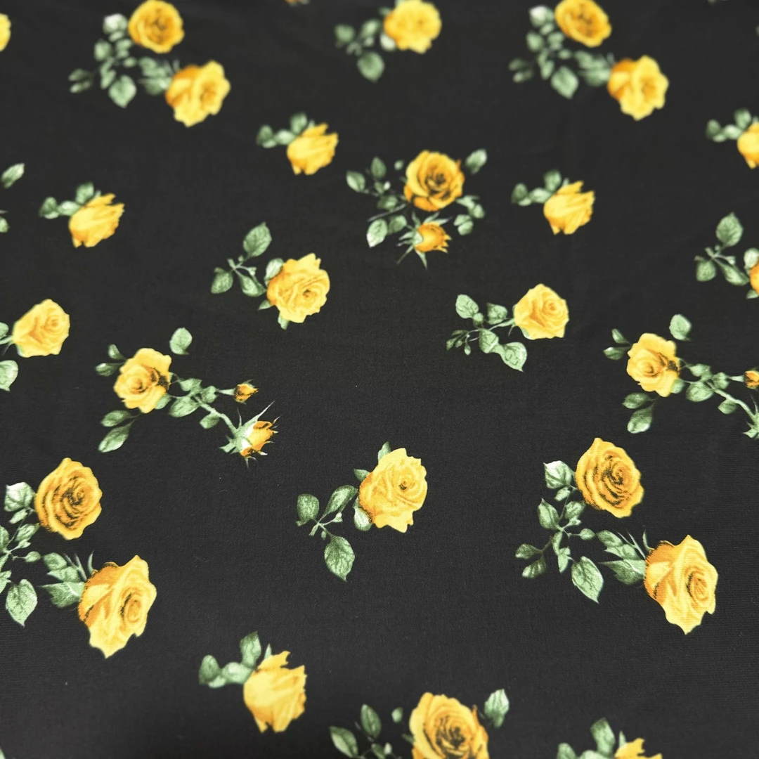 弹力芙蓉麻面料 HFRM0180金枝玉叶黄玫瑰花做夏季连衣裙寸衣面料