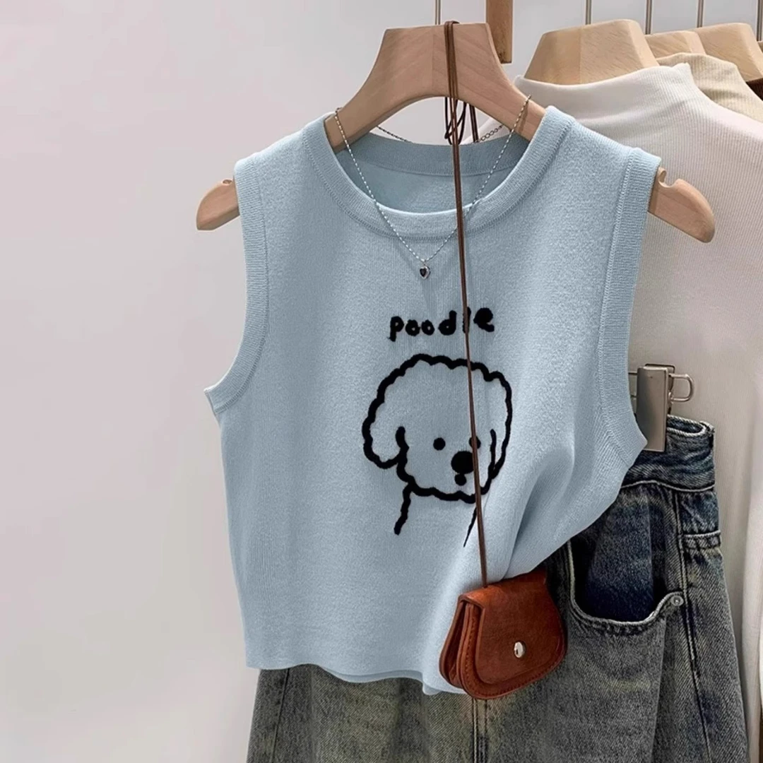 芊芊芙高级感漂亮蓝色小狗刺绣无袖背心T恤女夏季外穿内搭小上衣