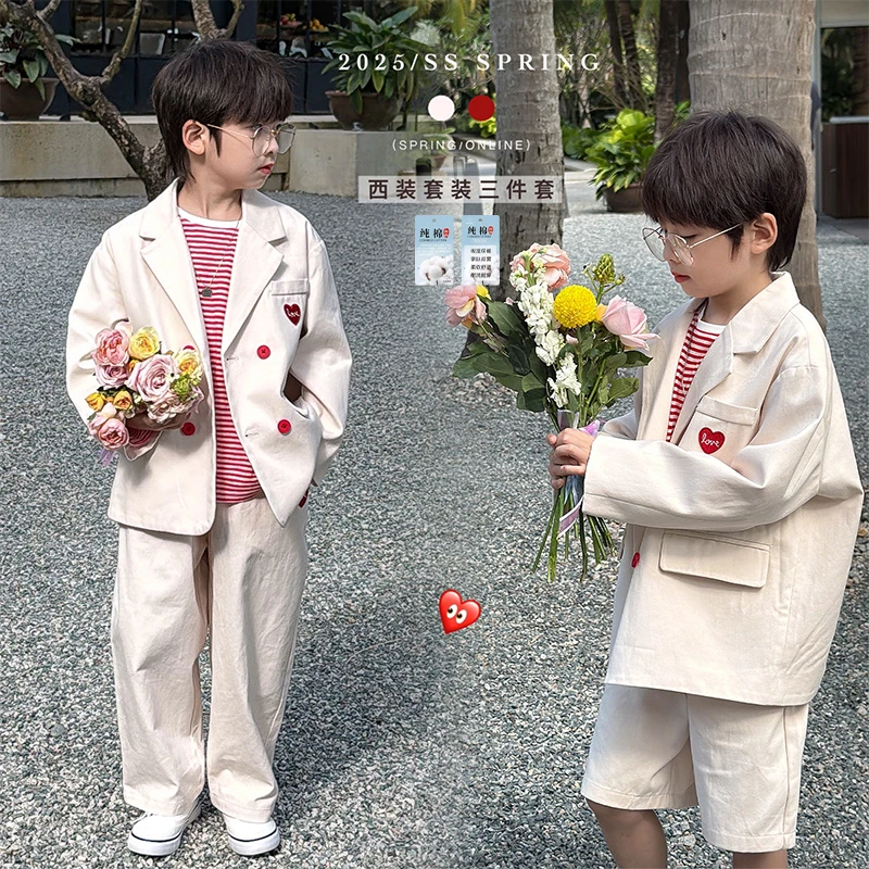 虾酱麻麻男童西装套装春夏季2025新款男孩西服白色纯棉儿童三件套