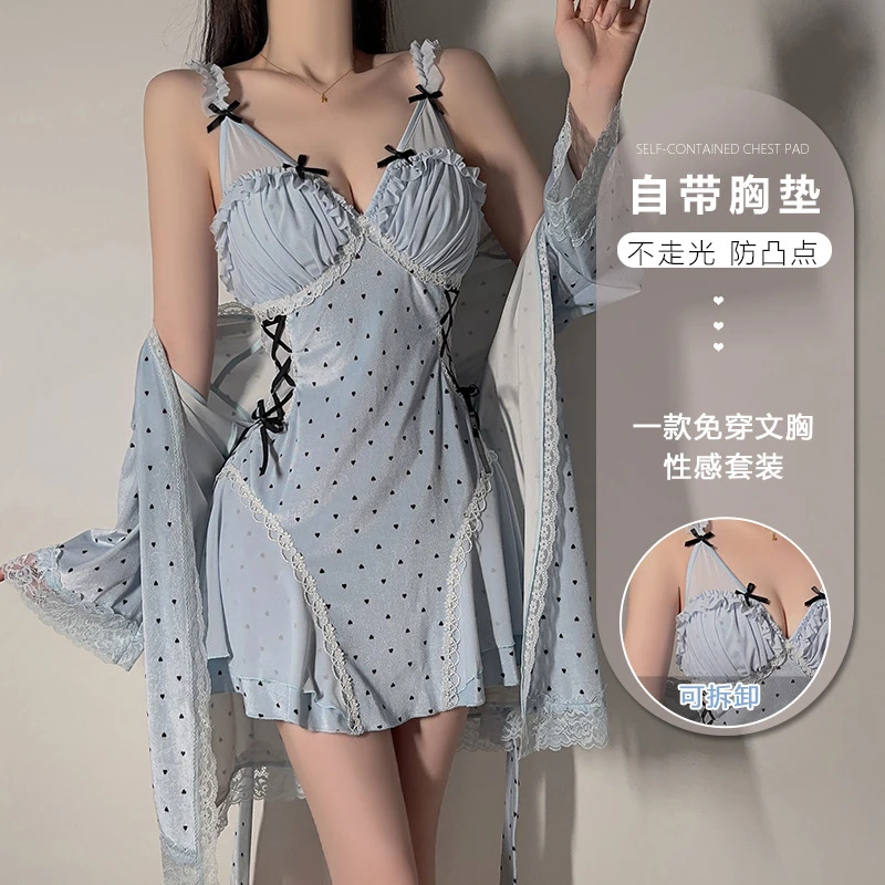 冬季新款丝绒性感蕾丝甜美爱心印花加胸垫绑带诱惑睡裙外袍家居服
