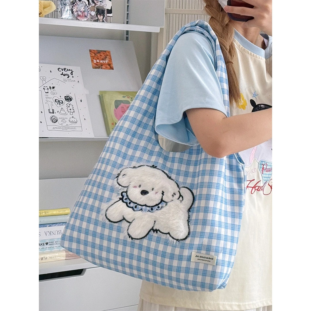 ZY可爱格子小狗单肩包韩系慵懒风大容量包包袋森系文艺少女托特包