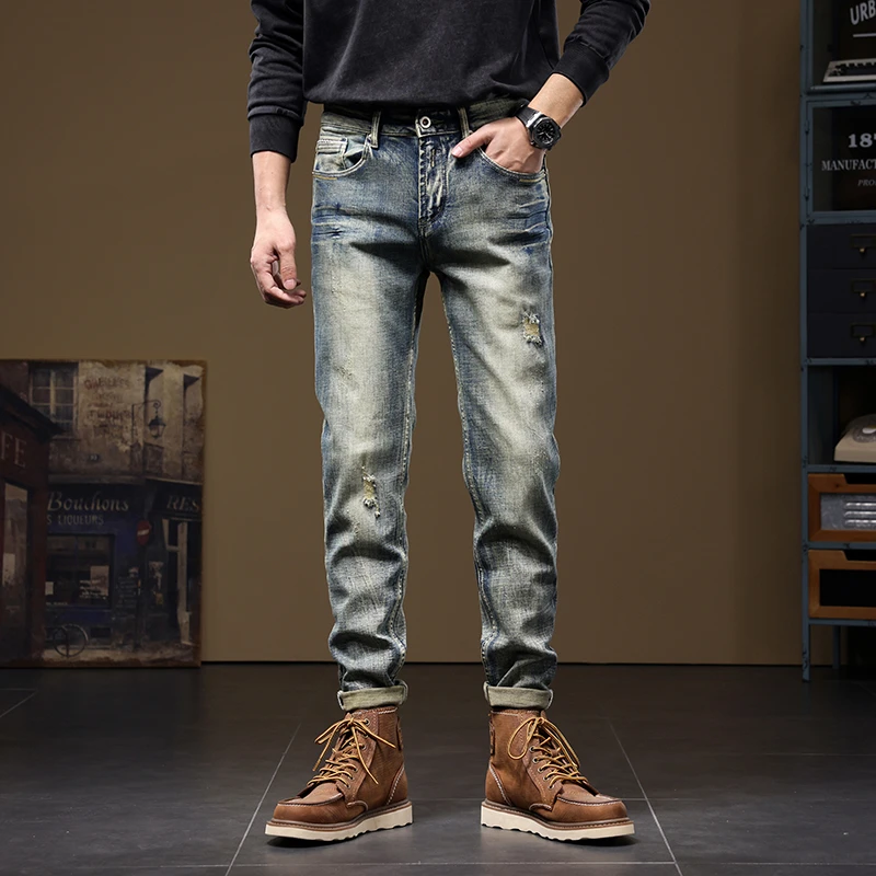 秋季款小直筒复古破洞美式硬汉男士牛仔裤百搭弹力潮流牛仔裤903