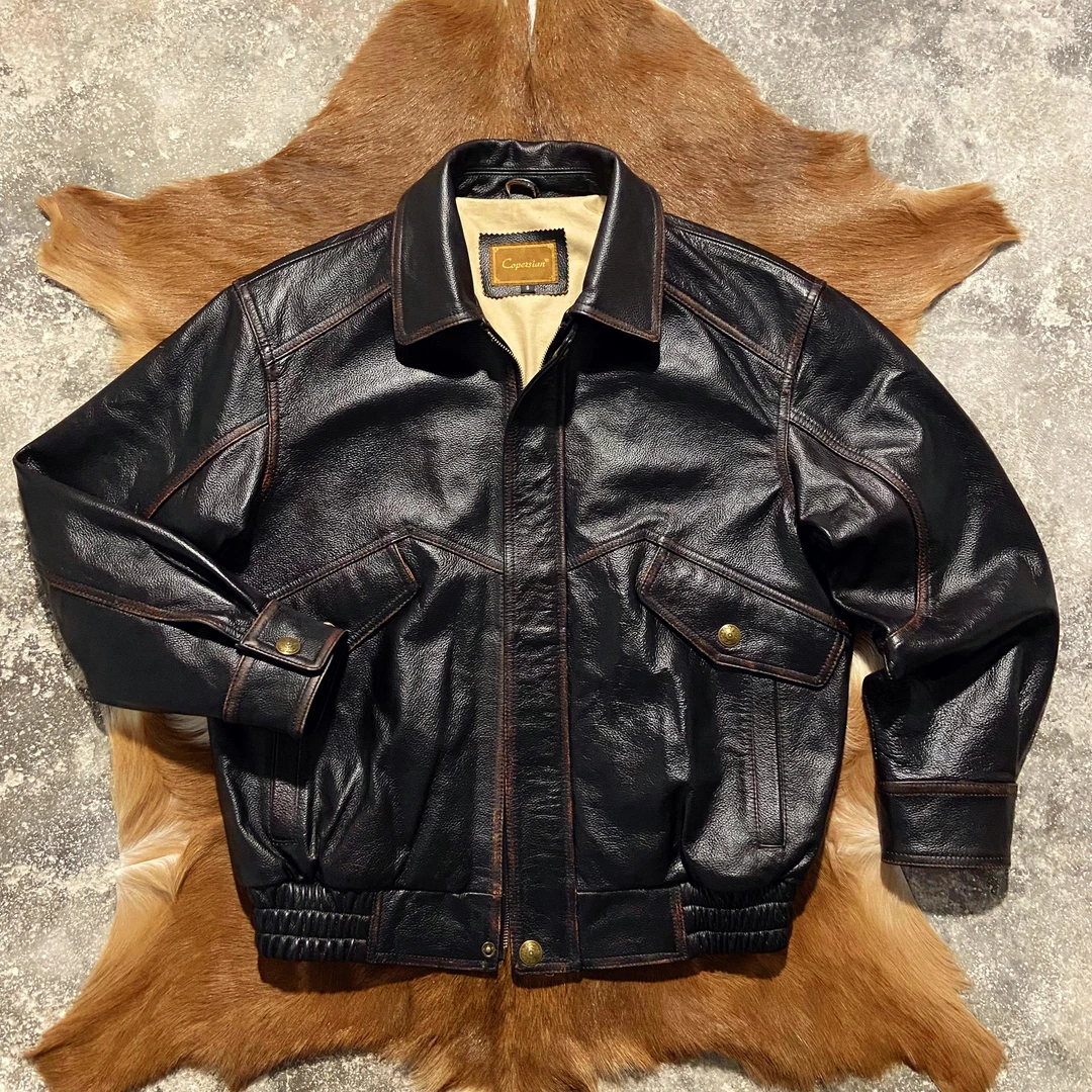 经典港风阔版头层牛皮真皮皮衣男手工擦色宽松飞行服加大码皮夹克