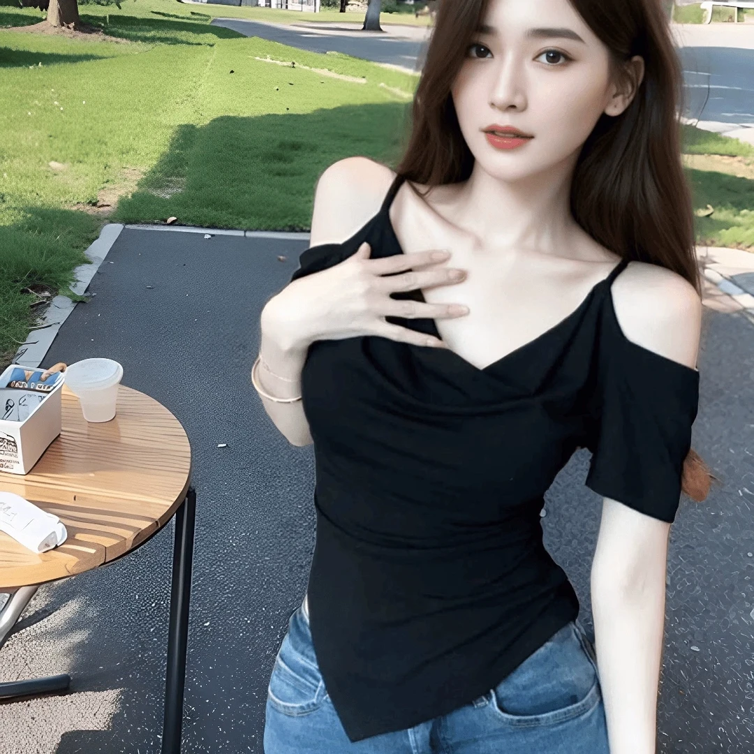 夏季新款纯欲性感黑色露肩短袖T恤不规则设计感时尚别致短款上衣