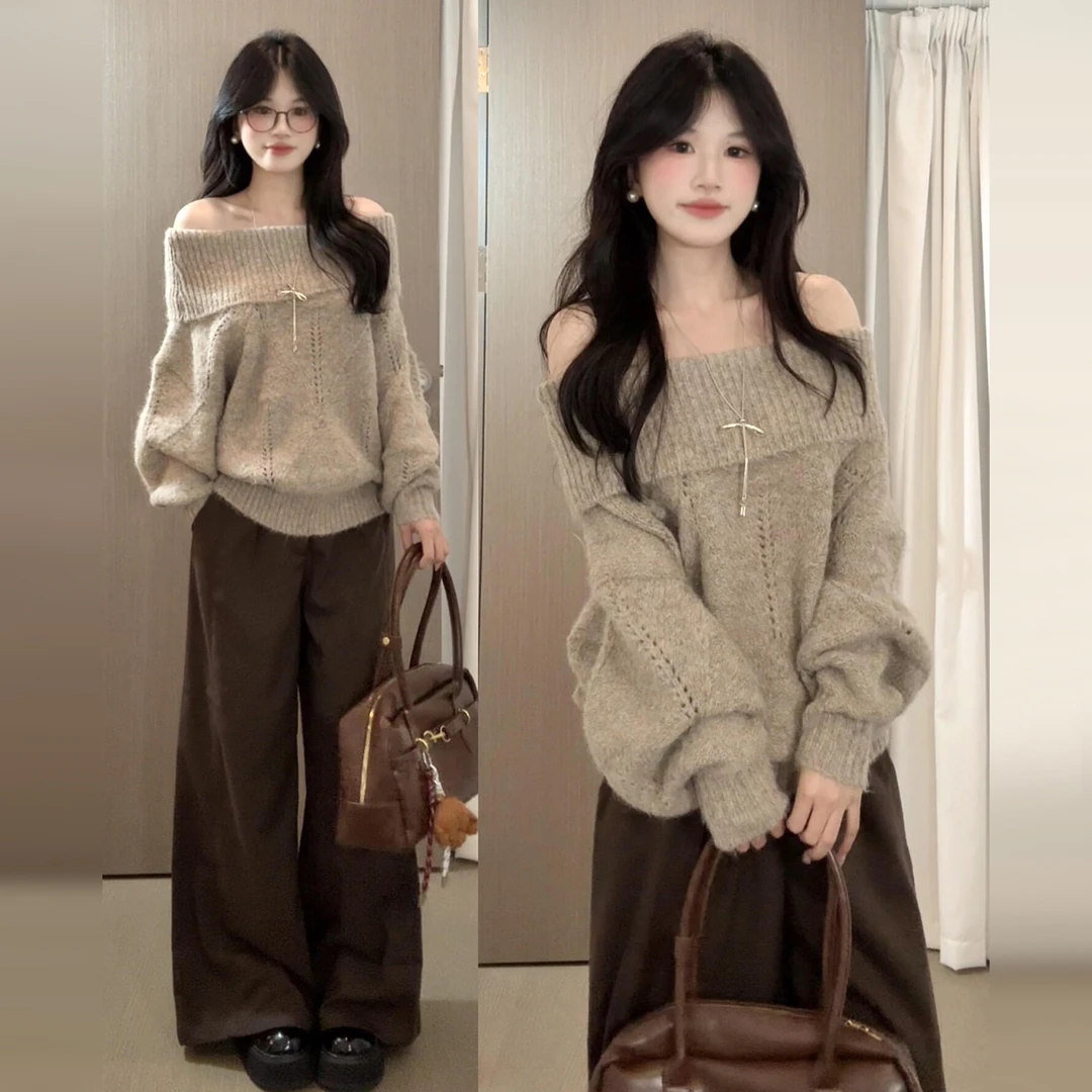 韩系露肩韩系套头毛衣女秋慵懒风宽松休闲显瘦气质小个子长袖上衣