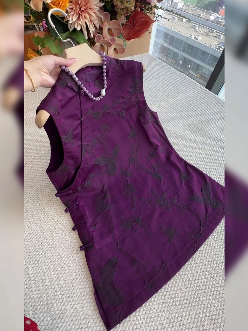 2025年夏季女装新款新中式设计感复古国风小众气质紫色无袖上衣女