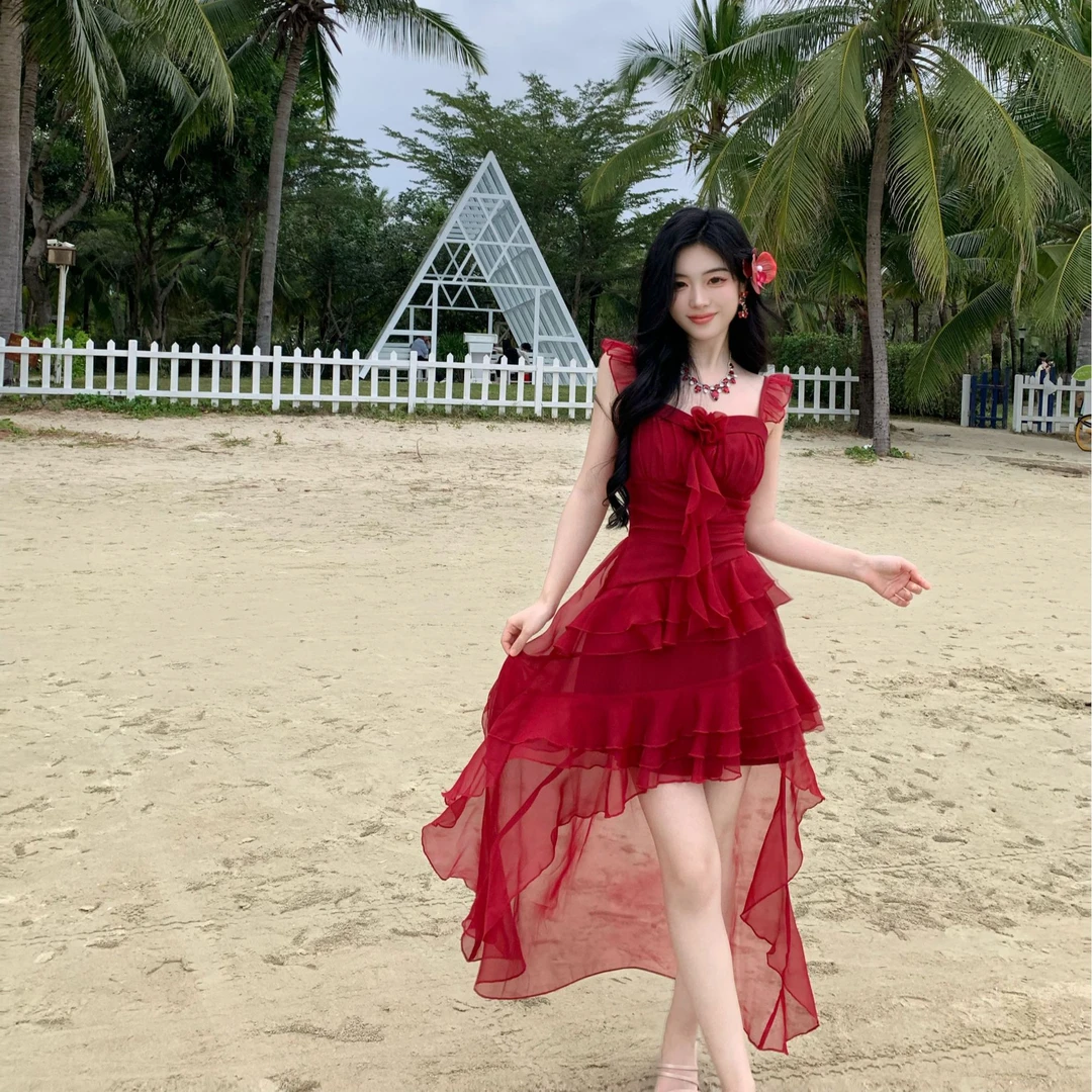 Blovelan雾吻山茶 甜辣妹小飞袖雪纺绝美公主风拖尾度假风连衣裙