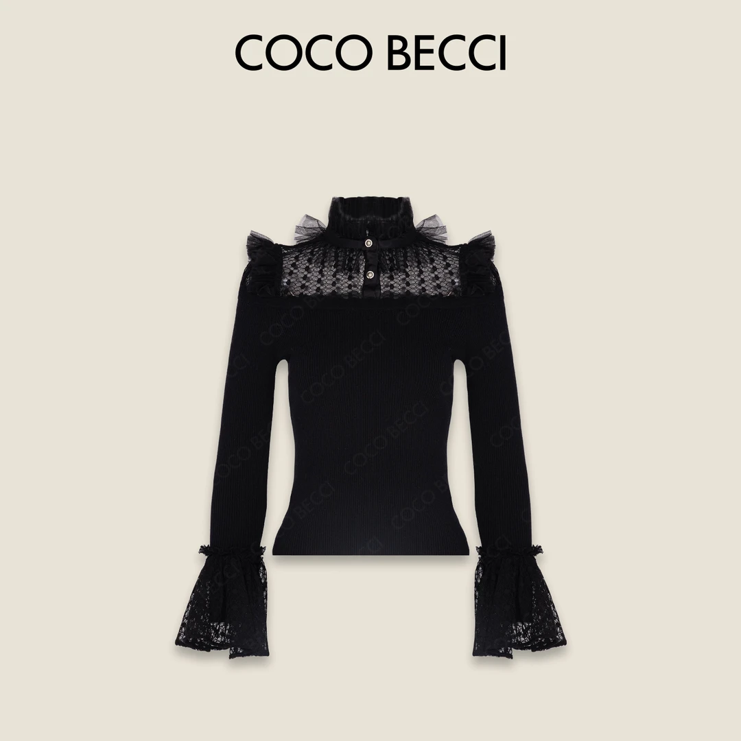 COCO BECCI【花边袖镂空款】绵羊毛蕾丝拼接优雅针织衫CFXYC331165