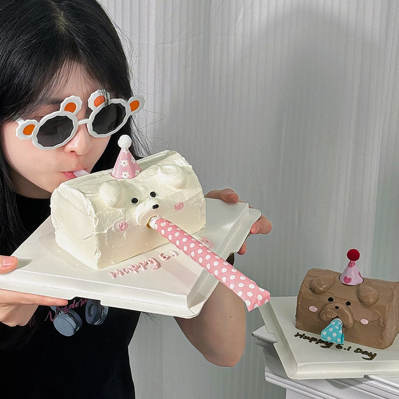 卡通六一儿童节吹龙卷面包卷口哨蛋糕装饰熊头墨镜派对迷你帽插件