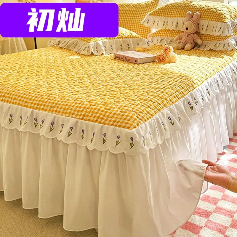 公主风水洗棉夹棉床裙单件春夏季床垫保护罩全包床单带裙边三件套