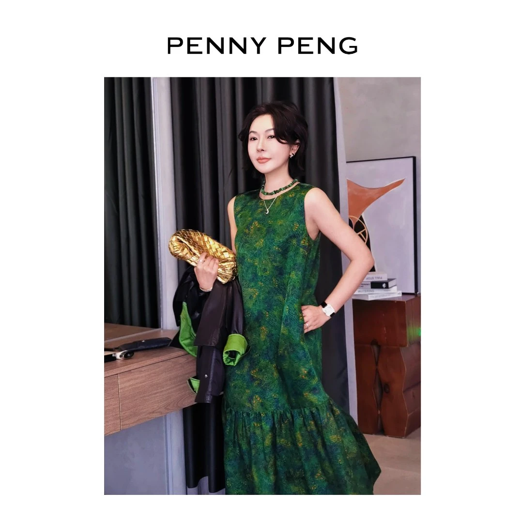 PENNYPENG苔痕夏季新款绿色气质千金百搭香云纱真丝印花连衣裙