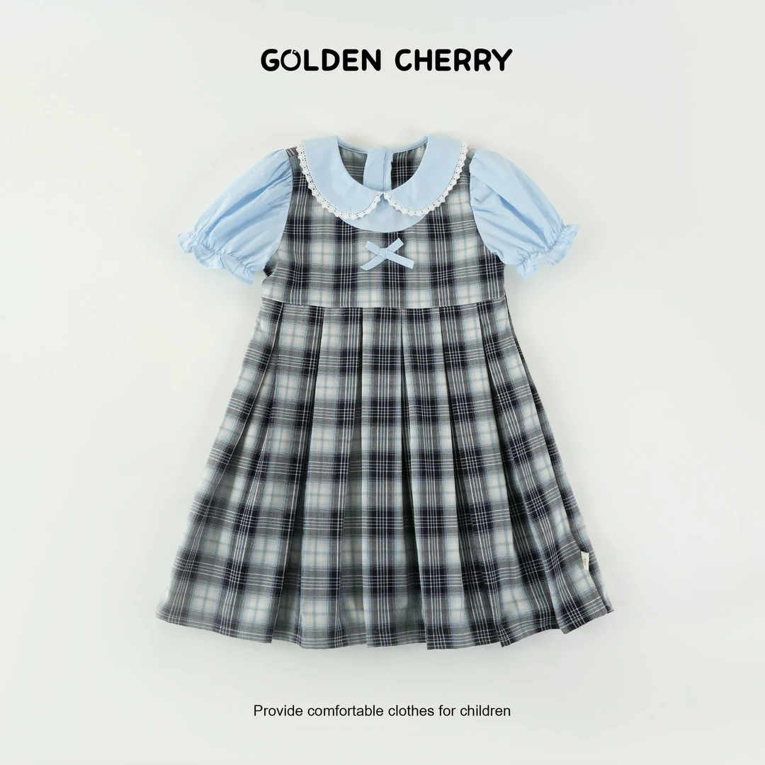 b【金樱桃Golden cherry】小童蝴蝶结拼接格子洋气连衣裙JYT2278