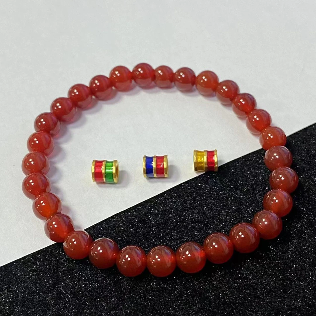 足金999烧蓝小蛮腰桶珠3件套红玛 瑙手串@@A127