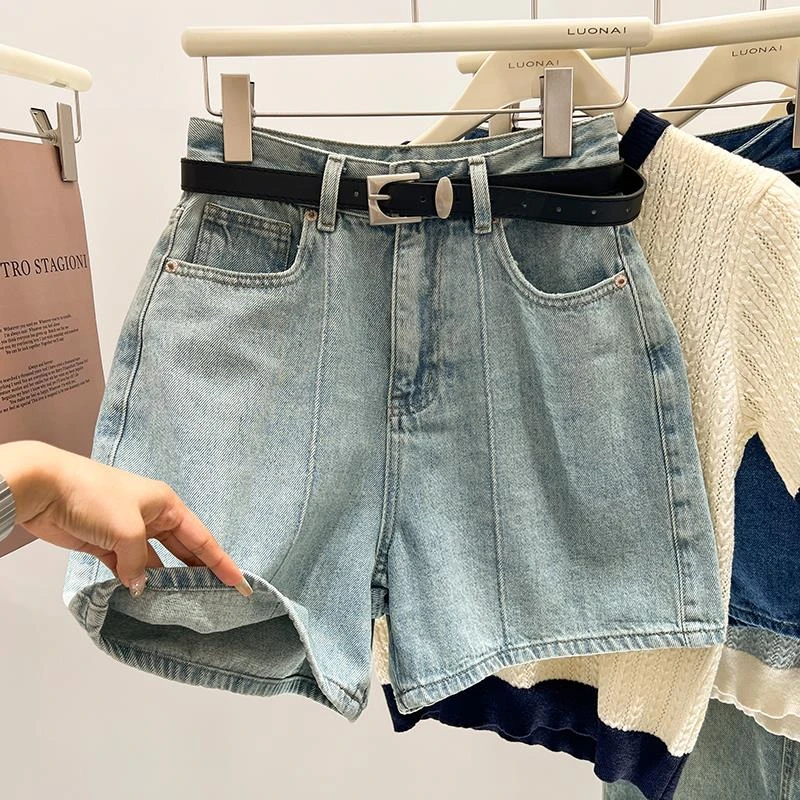 直筒阔腿牛仔短裤女高腰夏季设计感小众显瘦小个子字五分热裤子