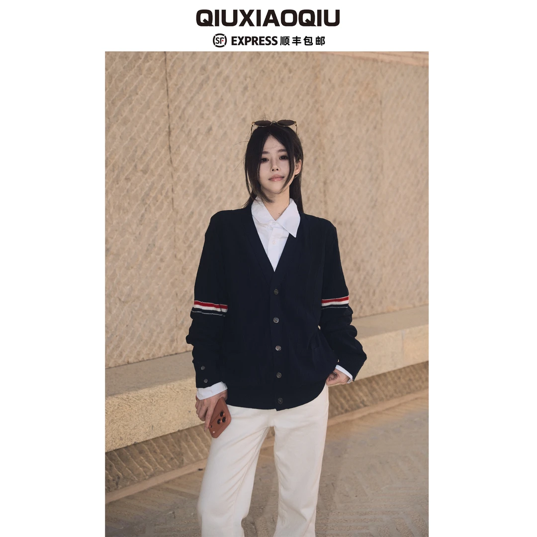 【Qiuxiaoqiu】TB新竖纹织带针织开衫毛衣V领外套休闲男女款长袖潮