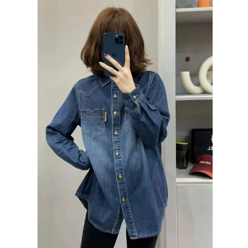 牛仔衬衫女显瘦衬衣长袖蓝色春秋时尚复古宽松设计感显瘦女装上衣