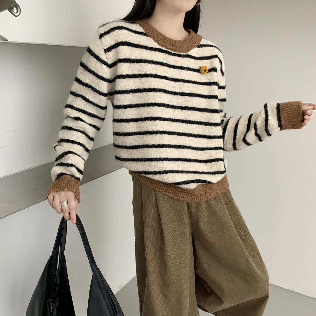 新疆包邮【c720】慵懒风撞色条纹南瓜毛衣-衣长58